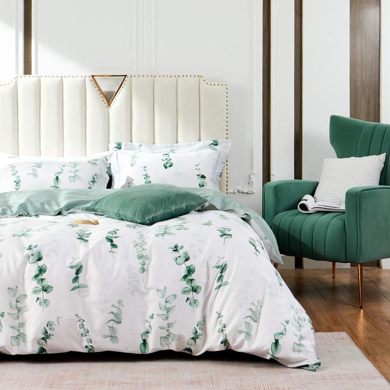 MILDLY Duvet Cover Set, 100% Long Staple Cotton Green Eucalyptus Round Leaves Plant Pattern White Summer Comforter Cover Set 3pcs - Image 1